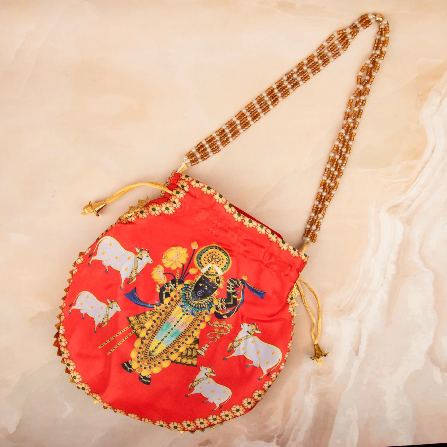 Light Red Premium Cow Shreenath Ji Potli with Pearl Handle