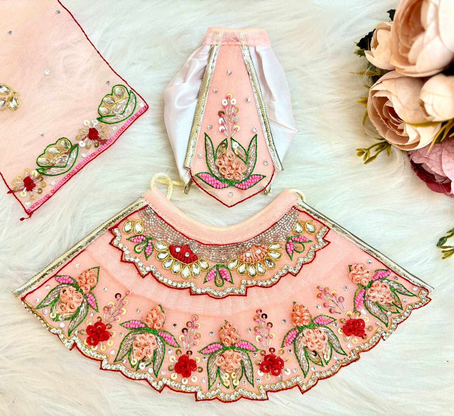 Luxe - RK / Yugal Sarkar/ Laxmi ji & Ganesh ji Set Peach Lotus Lehenga & Dhoti - 6 piece set