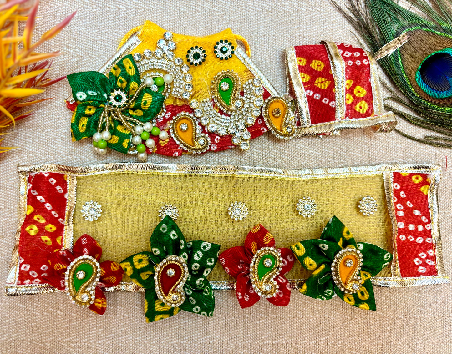 Laxmi ji & Ganesh ji Set Yellow & Red Bandhej Lehenga & Dhoti - 7 piece set