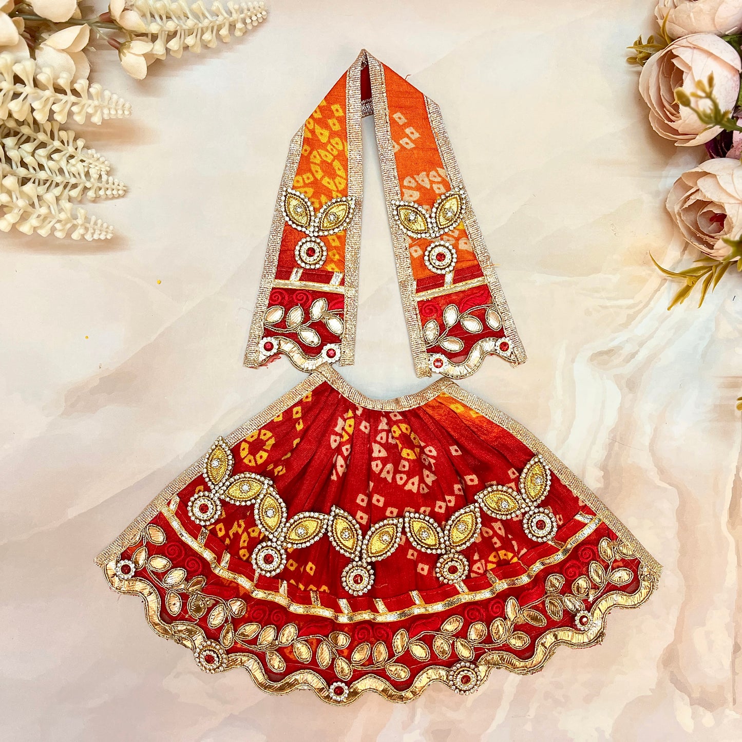 Mata Rani Lehenga & Patka ( 2 piece set) - Red Bandhej