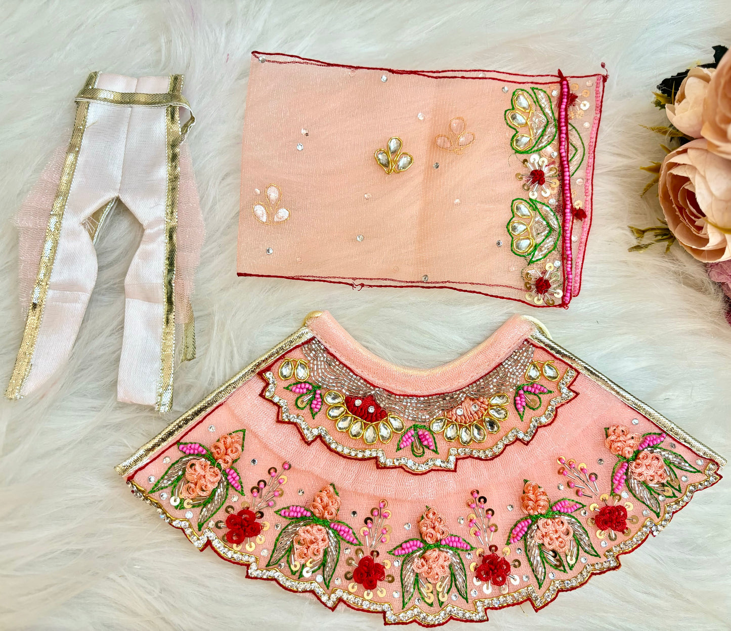 Luxe - RK / Yugal Sarkar/ Laxmi ji & Ganesh ji Set Peach Lotus Lehenga & Dhoti - 6 piece set