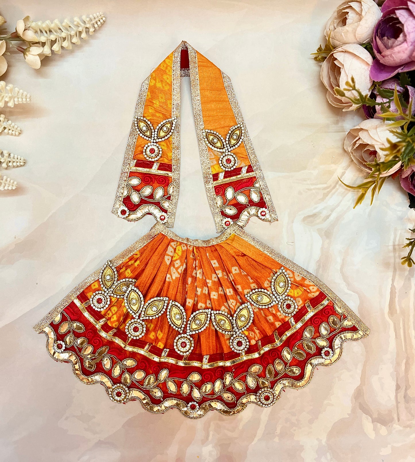 Mata Rani Lehenga & Patka ( 2 piece set) - Orange & Red Bandhej