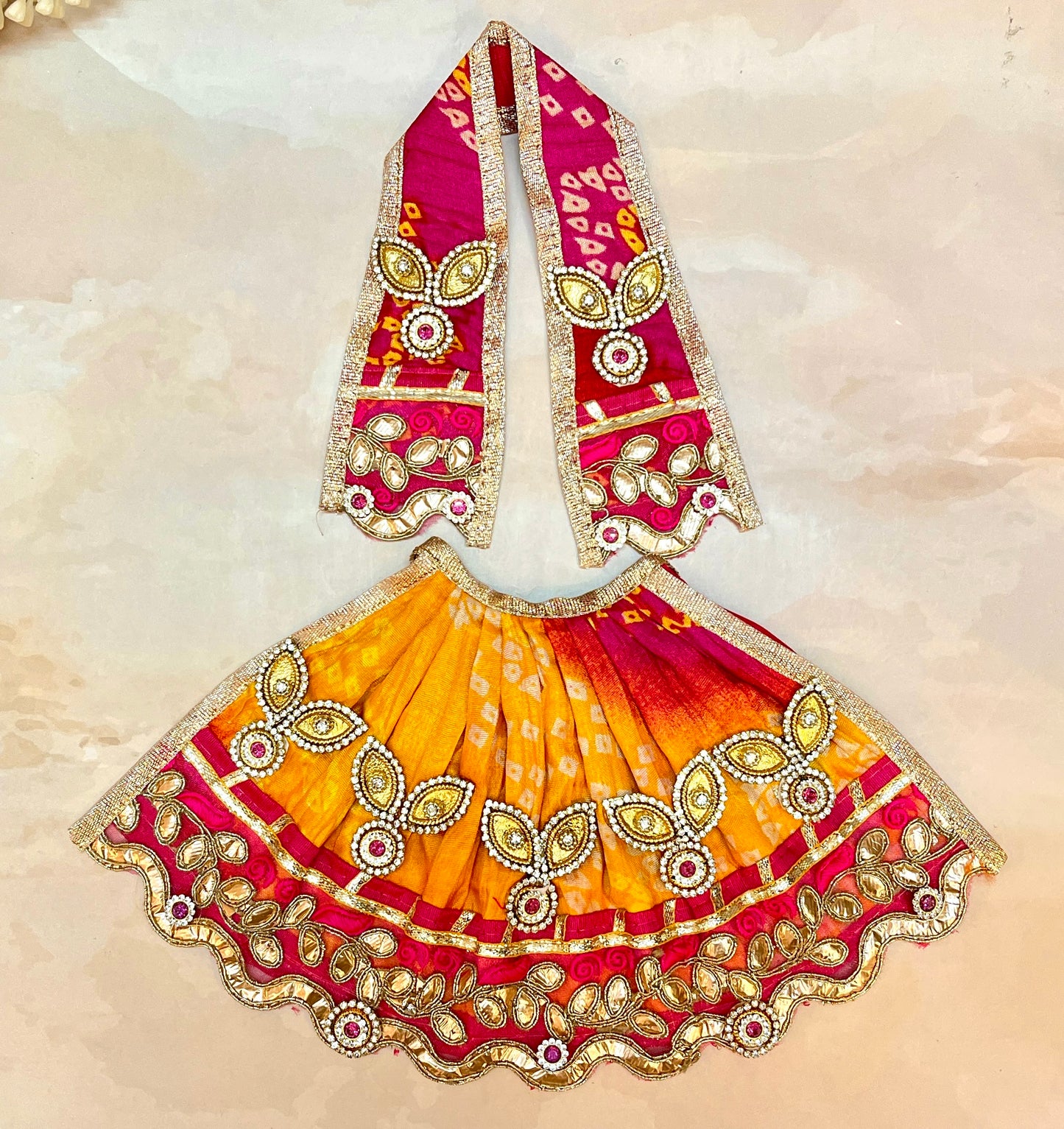 Mata Rani Lehenga & Patka ( 2 piece set) - Yellow & Pink Bandhej