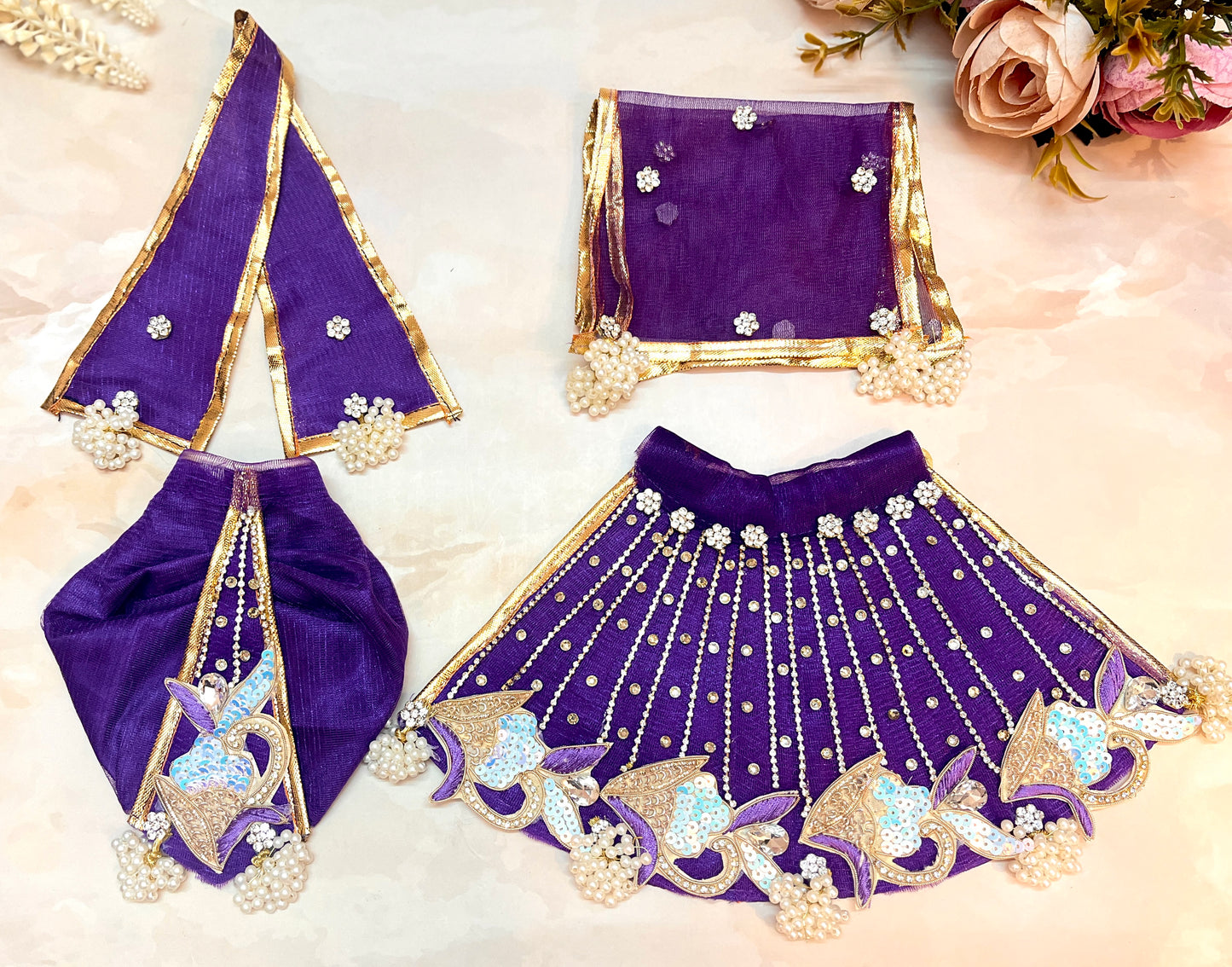 RK / Yugal Sarkar/ Laxmi ji & Ganesh ji Set Dark Purple Lehenga & Dhoti - 7 piece set