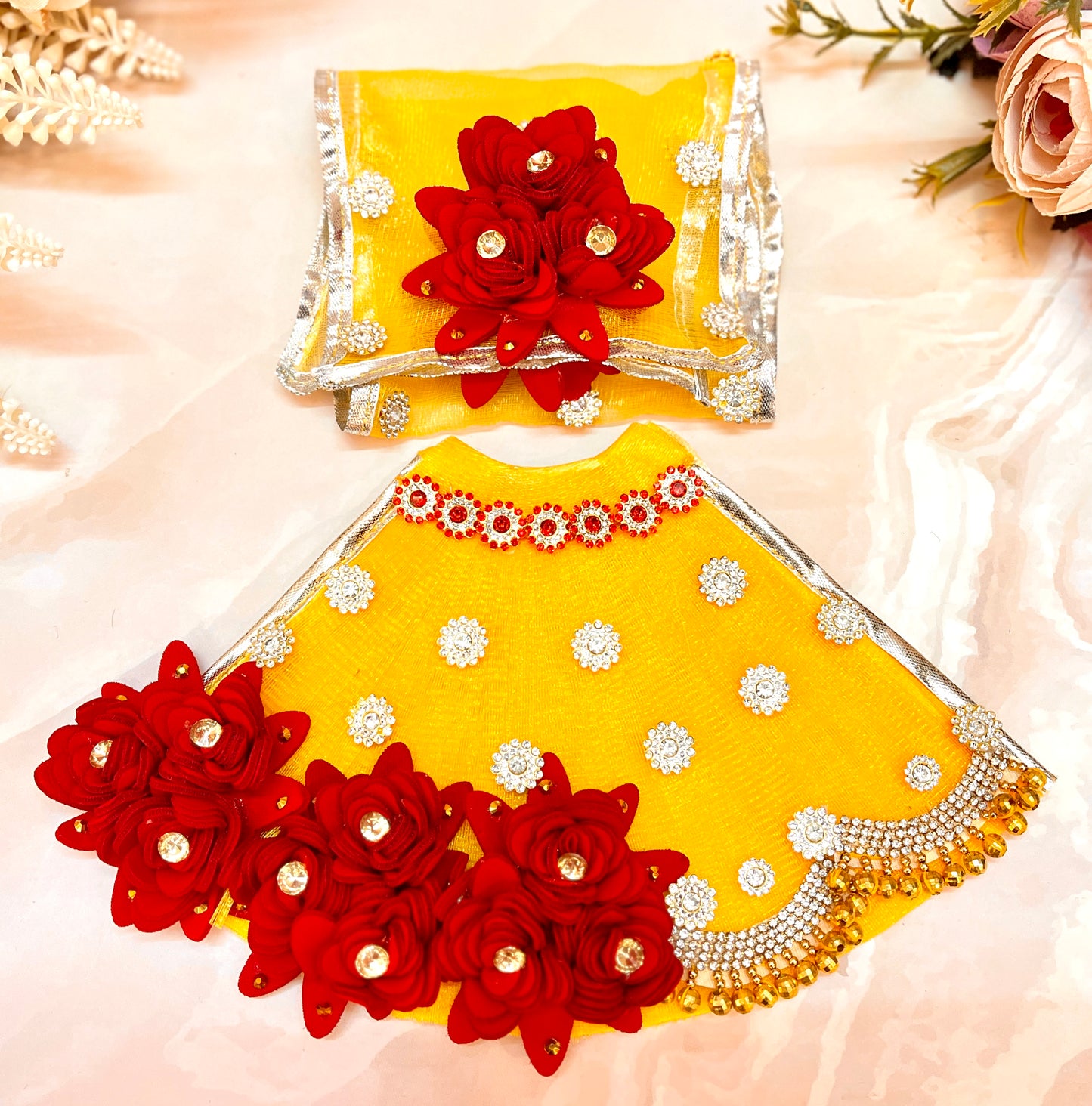 Mata Rani Yellow & Maroon Lehenga, choli & Duppatta- 3 piece set