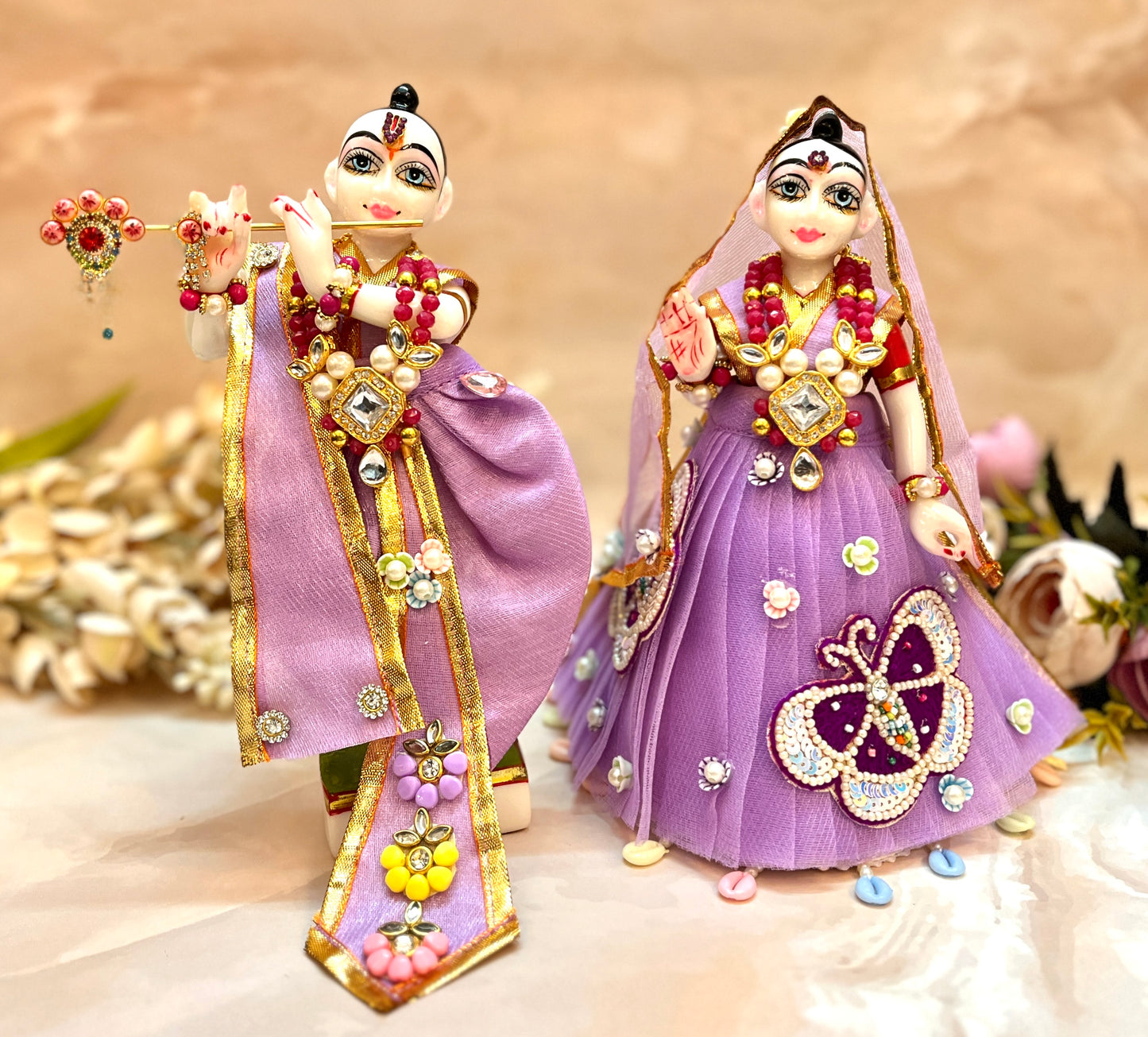 RK / Yugal Sarkar/ Laxmi ji & Ganesh ji Set Purple Butterfly Lehenga & Dhoti - 6 piece set