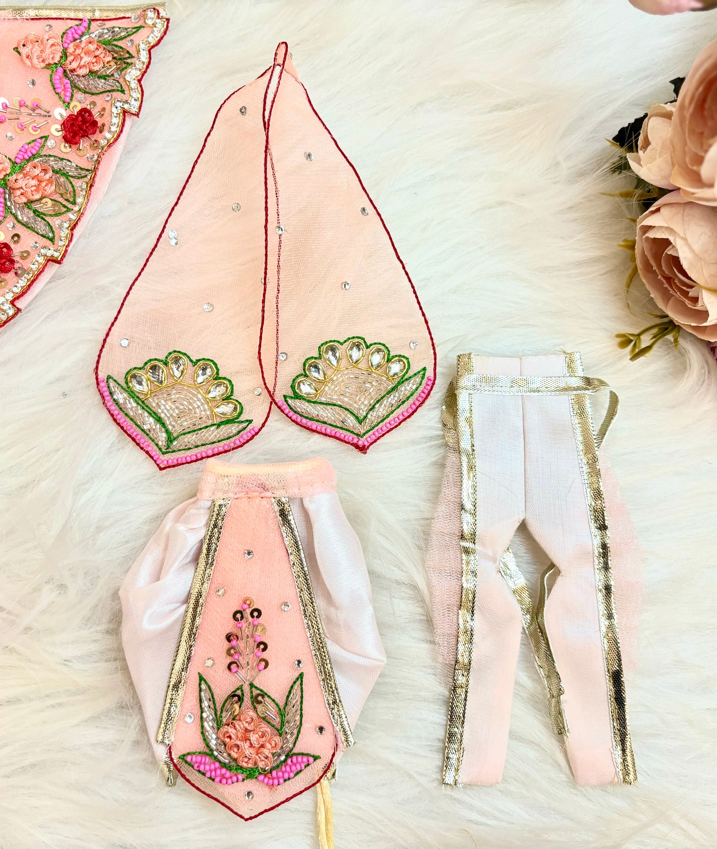 Luxe - RK / Yugal Sarkar/ Laxmi ji & Ganesh ji Set Peach Lotus Lehenga & Dhoti - 6 piece set