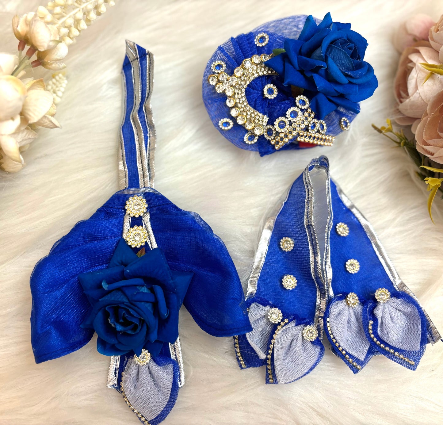 Laxmi ji & Ganesh ji Set Blue Rose Lehenga & Dhoti - 7 piece set
