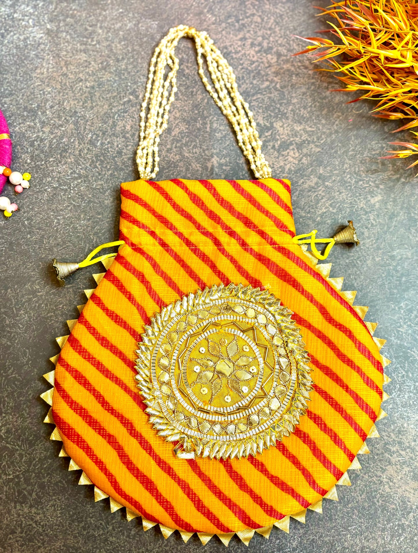 Mustard Yellow Kota Doriya Potli with Pearl Handle