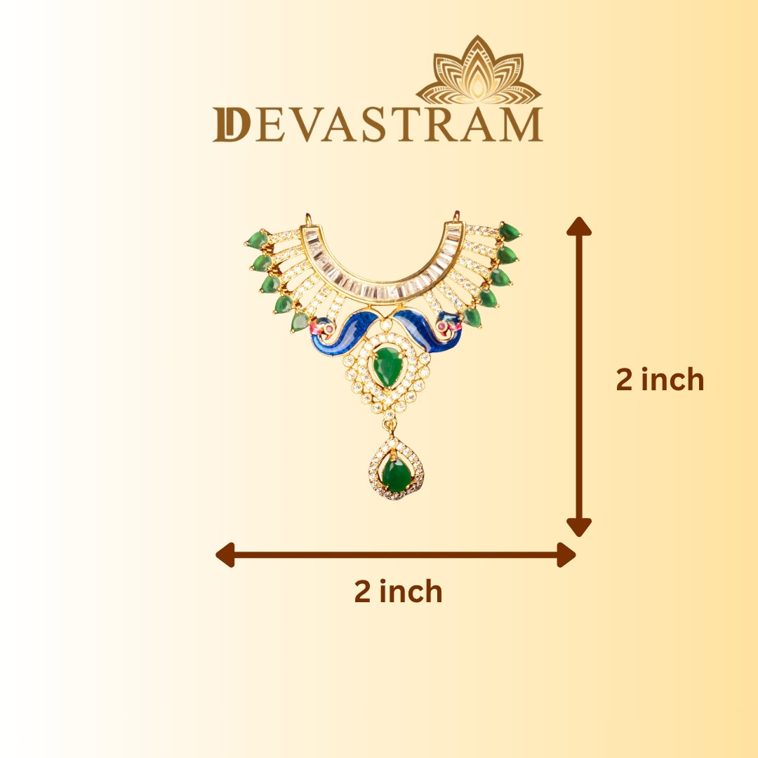 Jewelry necklace with measurements on a beige background, featuring the Green Stone and peacock Style Necklace