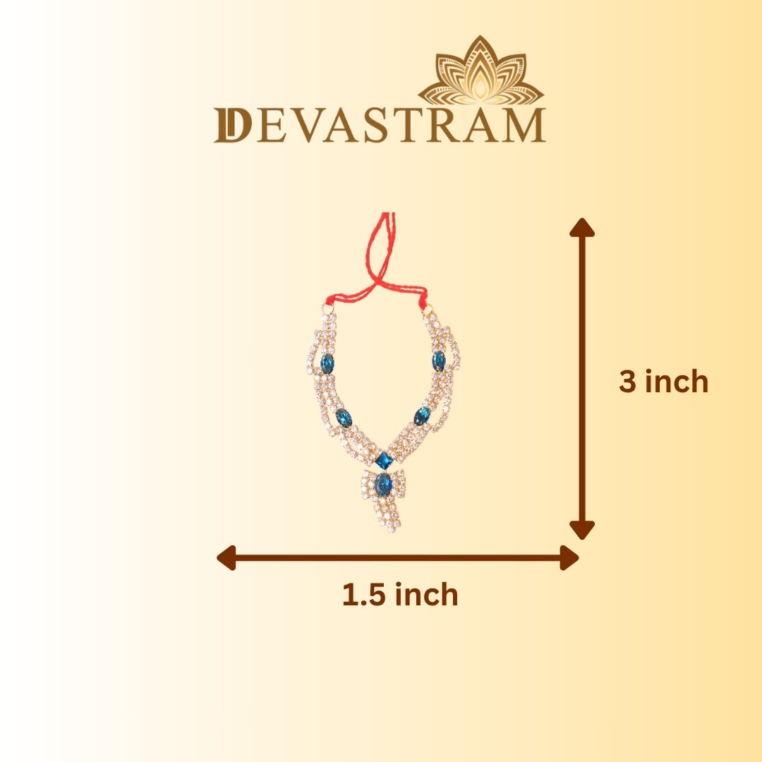Blue Ad necklace with measurements on a beige background