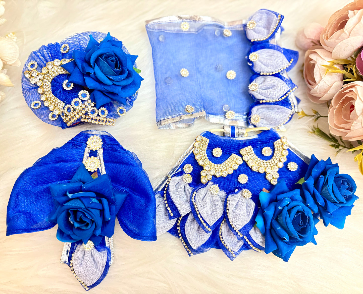 Laxmi ji & Ganesh ji Set Blue Rose Lehenga & Dhoti - 7 piece set