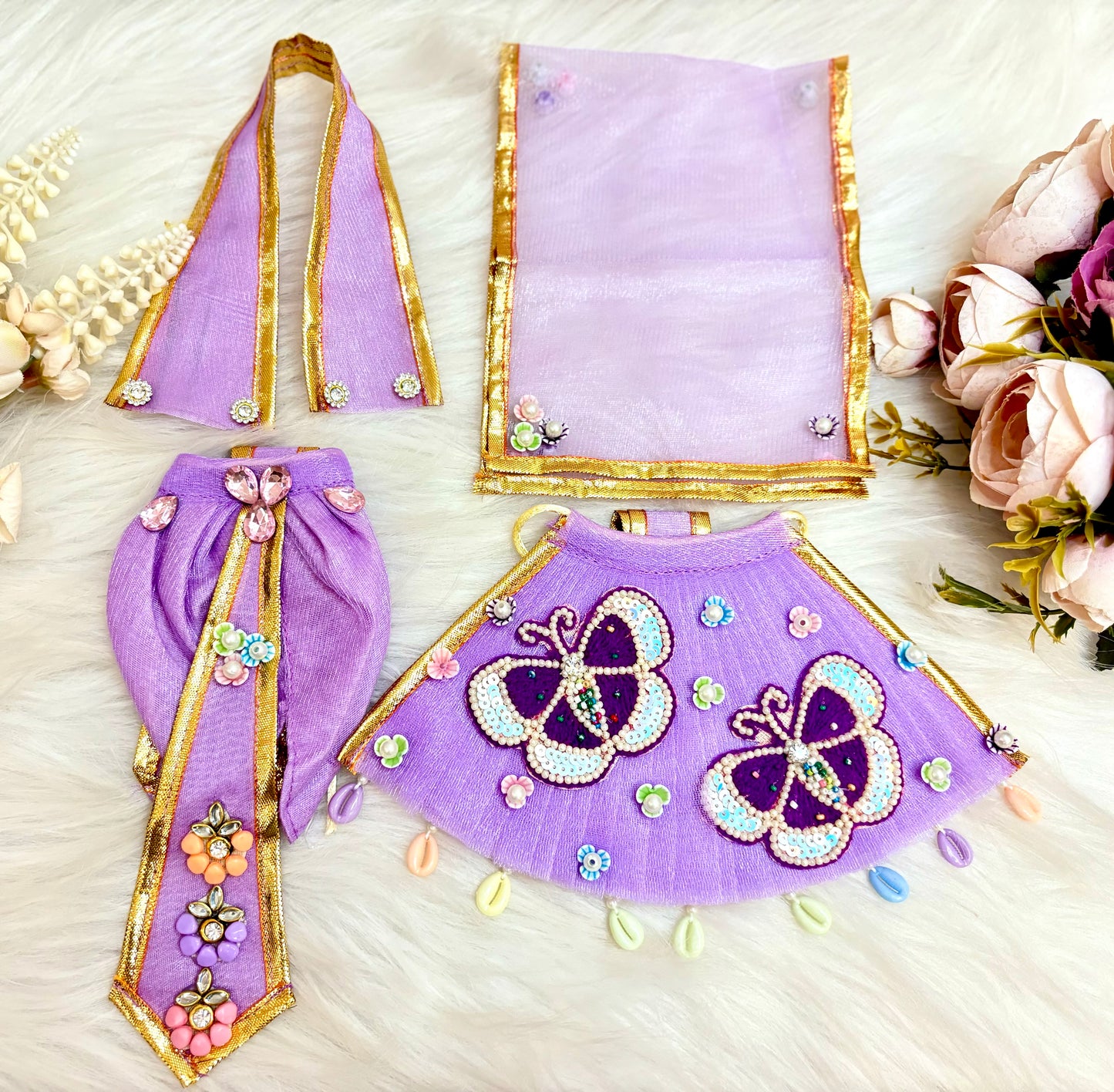 Laxmi ji & Ganesh ji Set Purple Butterfly Lehenga & Dhoti - 6 piece set