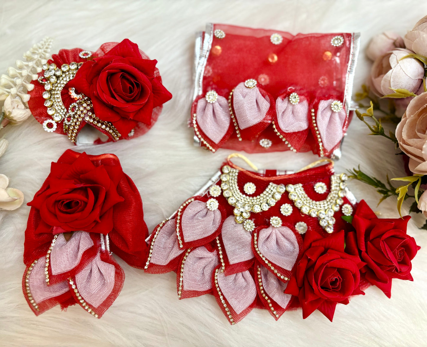 Laxmi ji & Ganesh ji Set Red Rose Lehenga & Dhoti - 7 piece set