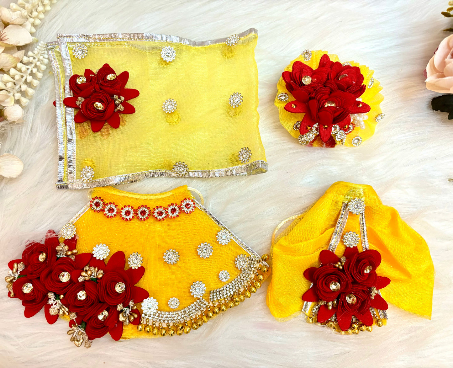 Laxmi ji & Ganesh ji Set Yellow & Maroon Flower Lehenga & Dhoti - 7 piece set