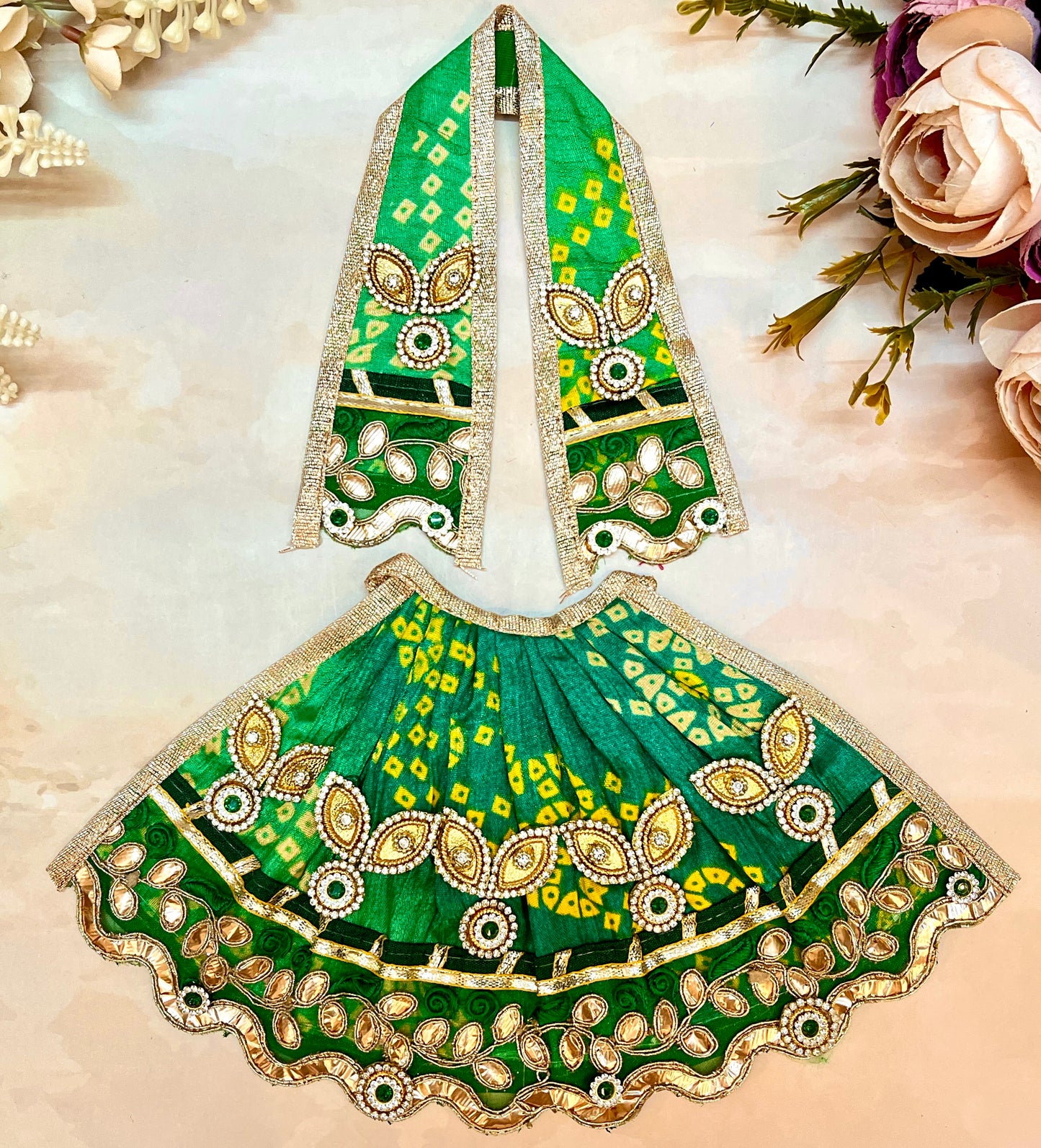 Mata Rani Lehenga & Patka ( 2 piece set) - Green Bandhej