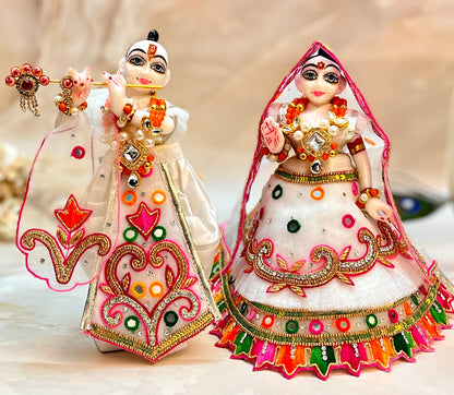 Holi Special Luxe - RK / Yugal Sarkar/ Laxmi ji & Ganesh ji Set White Lehenga & Dhoti - 6 piece set