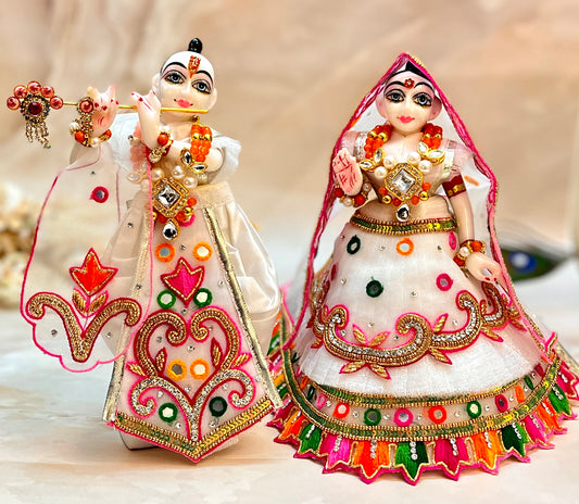 Holi Special Luxe - RK  / Yugal Sarkar/  Laxmi ji & Ganesh ji Set White Lehenga & Dhoti - 6 piece set