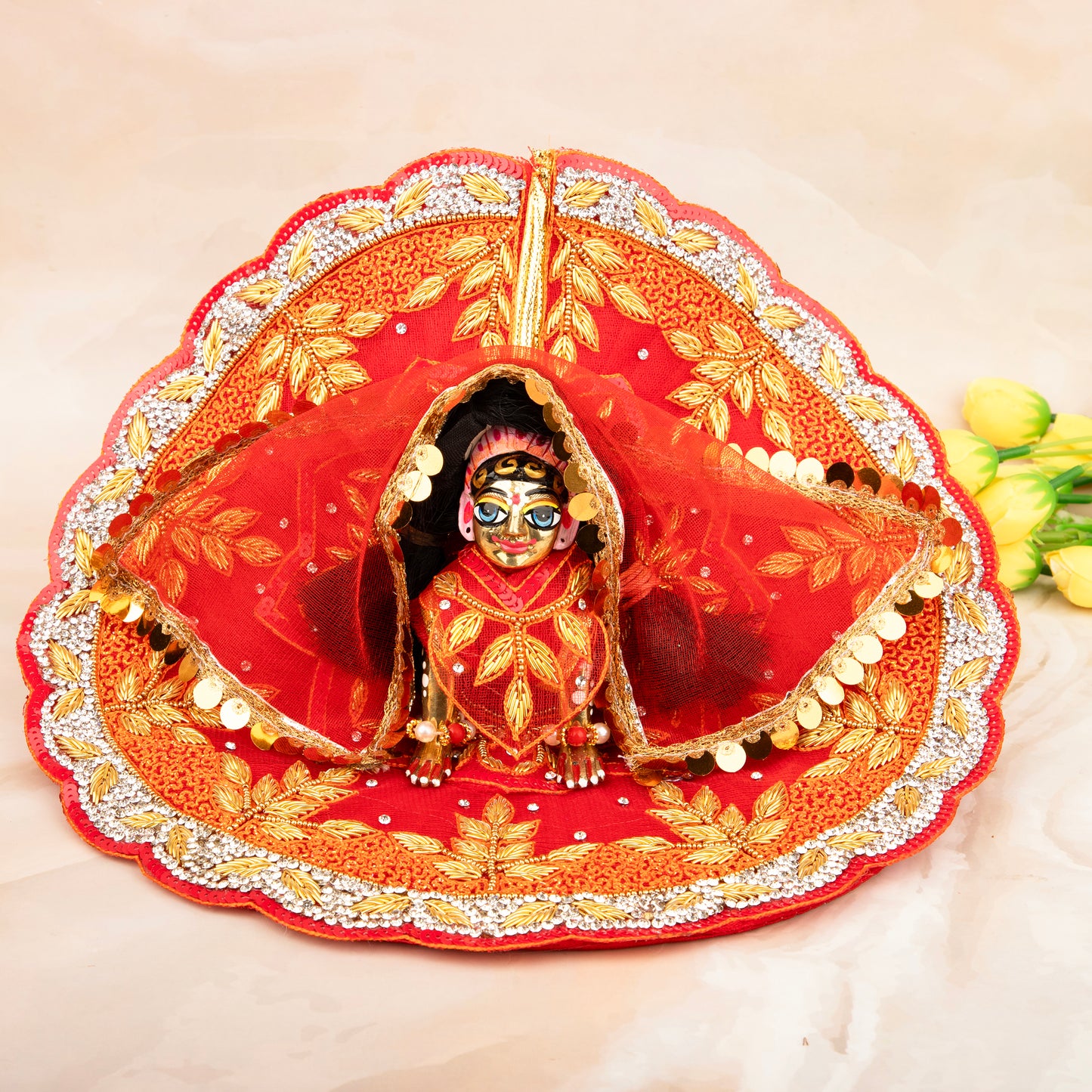 Luxe - Golden Red Leaf Hand Embroidered Radha rani Dress (5 piece set)