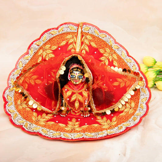 Luxe - Golden Red Leaf Hand Embroidered Radha rani Dress (5 piece set)