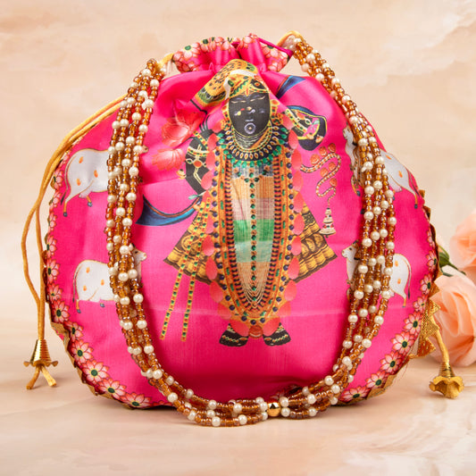 Pink Premium Cow Shreenath Ji Potli with Pearl Handle
