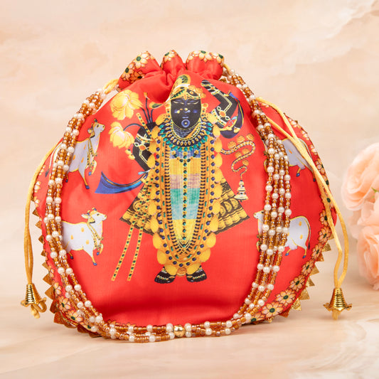 Light Red Premium Cow Shreenath Ji Potli with Pearl Handle