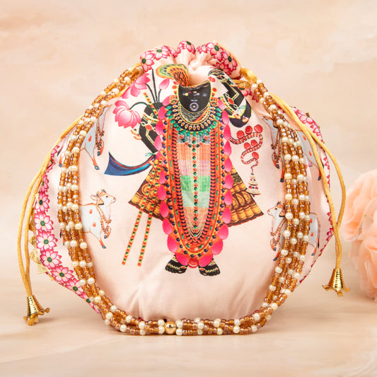 Pastel Pink Premium Cow Shreenath Ji Potli with Pearl Handle