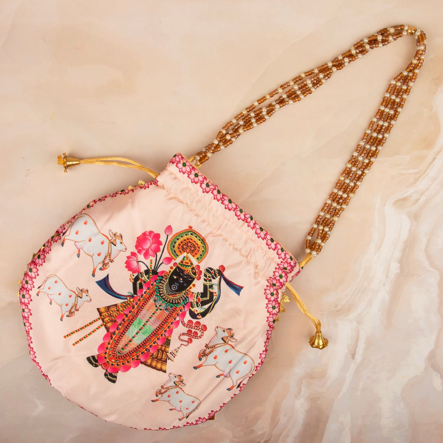 Pastel Pink Premium Cow Shreenath Ji Potli with Pearl Handle