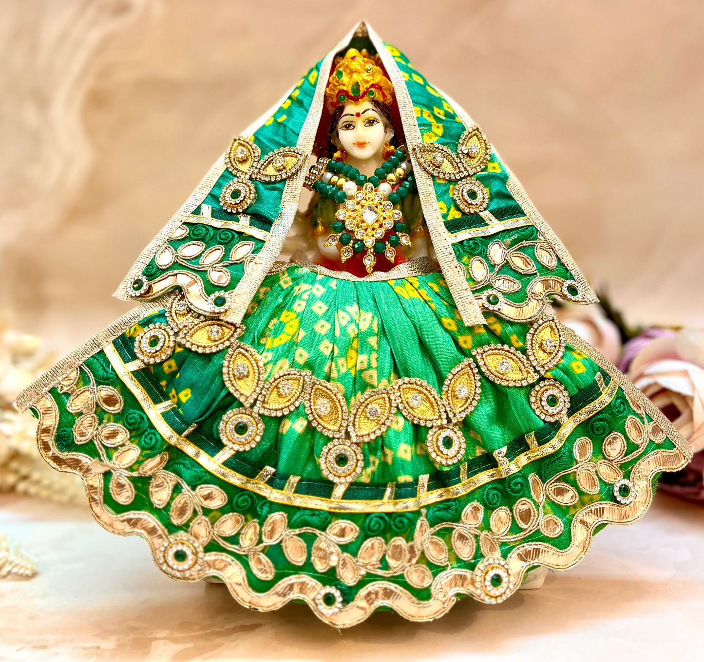 Mata Rani Lehenga & Patka ( 2 piece set) - Green Bandhej
