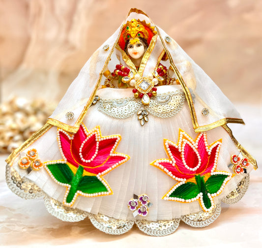 Mata Rani White with Pink Lotus Lehenga, choli & Duppatta- 3 piece set