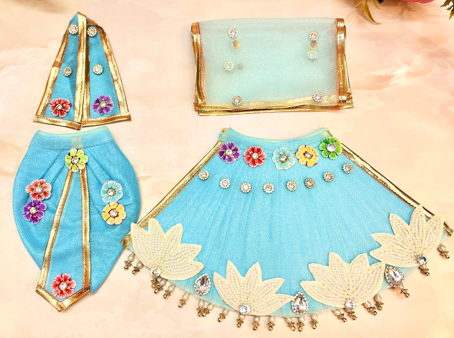 RK / Yugal Sarkar/ Laxmi ji & Ganesh ji Set Pastel Blue Lehenga & Dhoti - 6 piece set