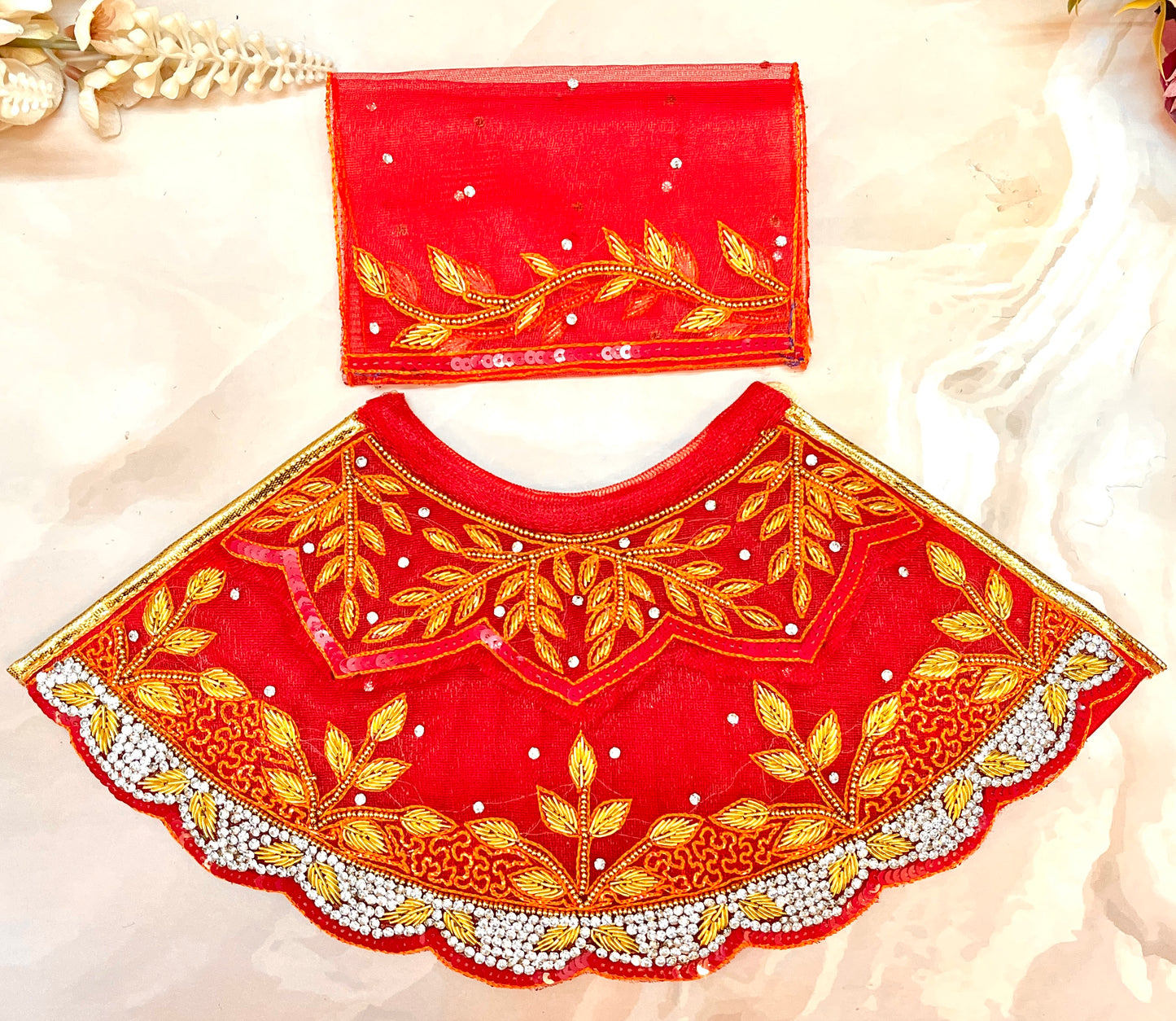 Luxe - Mata Rani Golden Red Leaf Lehenga, choli & Duppatta- 3 piece set