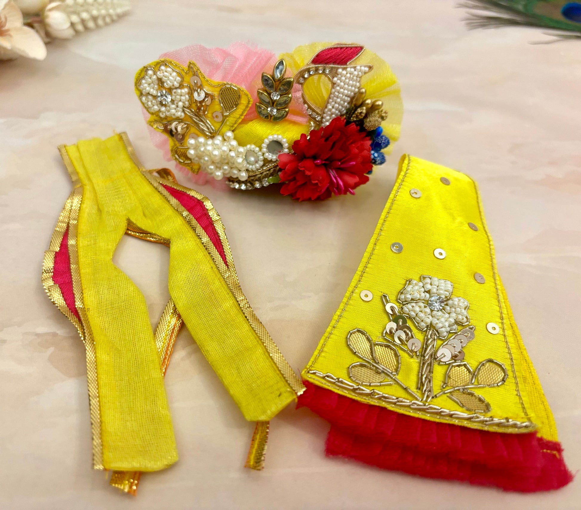 Luxe- Yellow & Pink Hand embroidered Laddu Gopal Dress