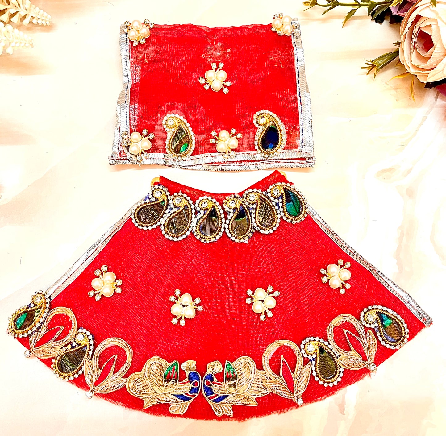 Mata Rani Red Peacock Lehenga, choli & Duppatta- 3 piece set