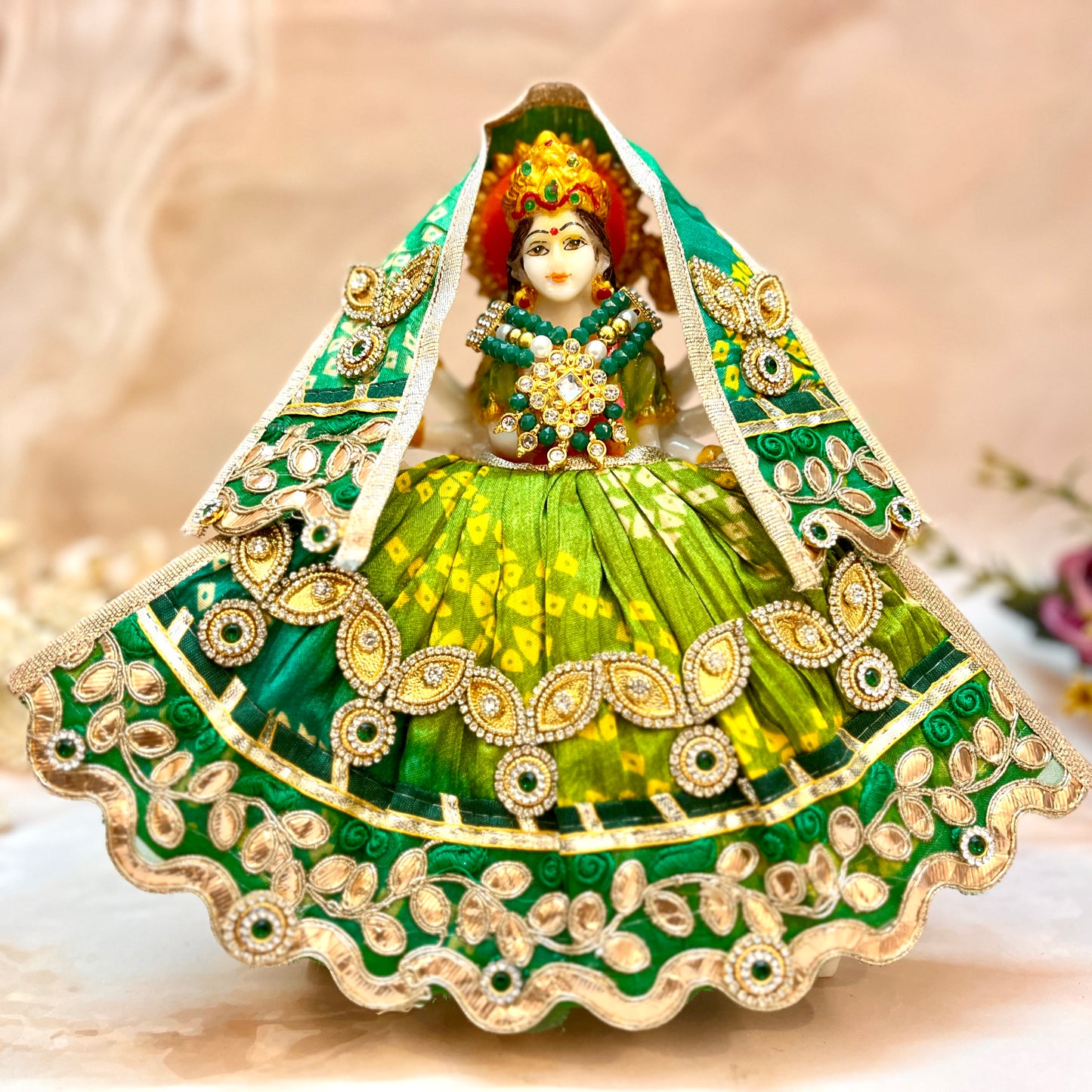 Mata Rani Lehenga & Patka ( 2 piece set) - Green Bandhej