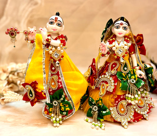 RK Set / Yugal Sarkar / Laxmi ji & Ganesh ji Set Yellow & Red Bandhej Lehenga & Dhoti - 6 piece set