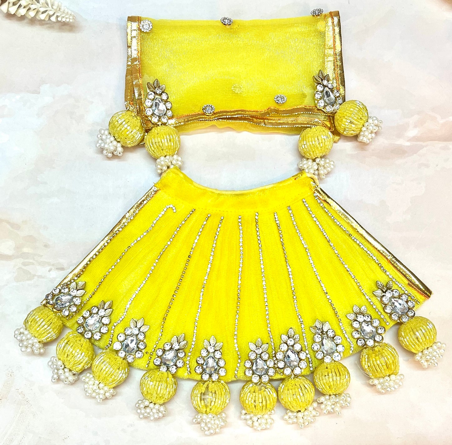 RK / Yugal Sarkar/ Laxmi ji & Ganesh ji Set Yellow Lehenga & Dhoti - 7 piece set