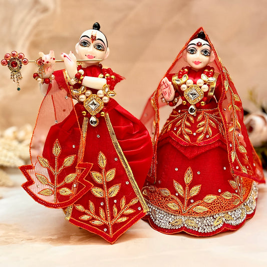 Luxe - RK  / Yugal Sarkar/  Laxmi ji & Ganesh ji Set Golden Red Leaf Lehenga & Dhoti - 6 piece set