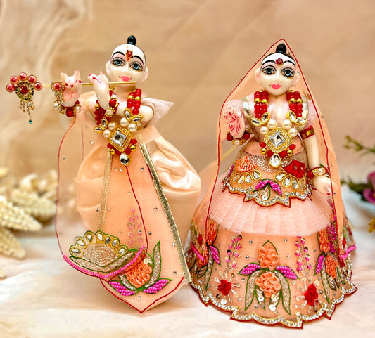 Luxe - RK / Yugal Sarkar/ Laxmi ji & Ganesh ji Set Peach Lotus Lehenga & Dhoti - 6 piece set