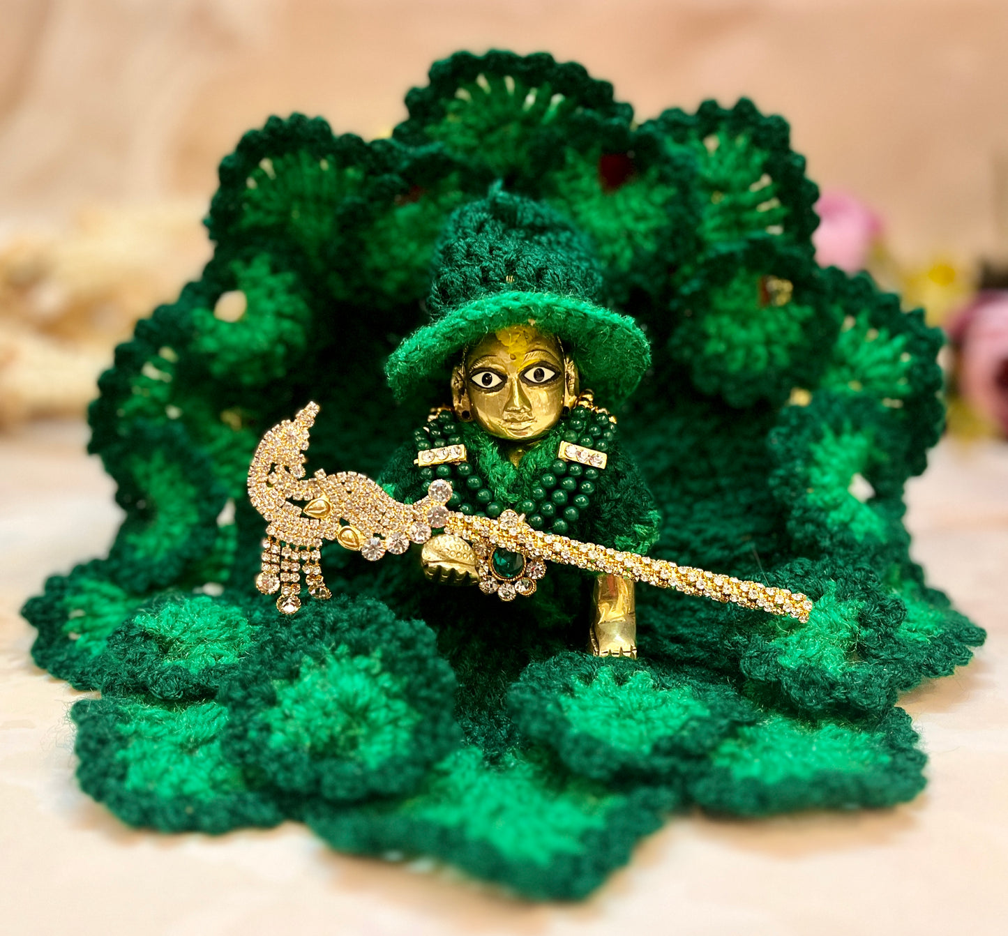 Green Woollen Laddu Gopal Dress with Woollen Cap