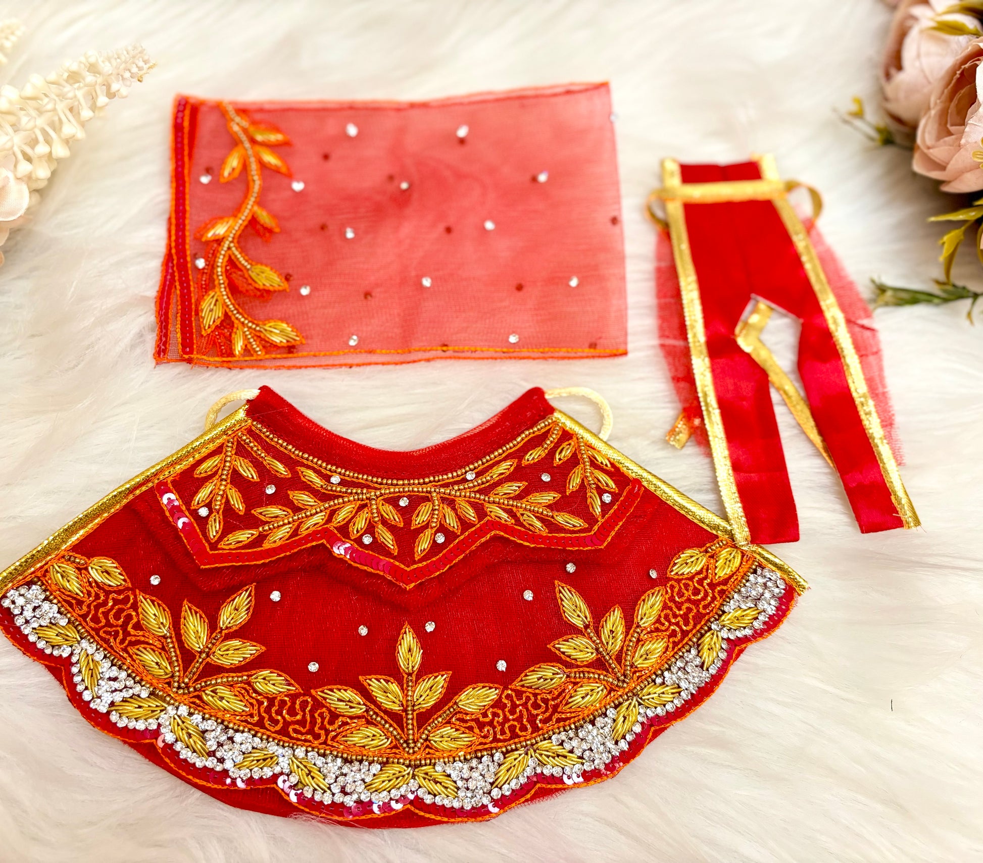 Luxe - RK / Yugal Sarkar/ Laxmi ji & Ganesh ji Set Golden Red Leaf Lehenga & Dhoti - 6 piece set