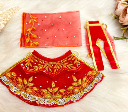 Luxe - RK / Yugal Sarkar/ Laxmi ji & Ganesh ji Set Golden Red Leaf Lehenga & Dhoti - 6 piece set
