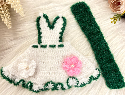 Green & Pink Flower Woollen Mata Rani Lehenga, Choli & Patka