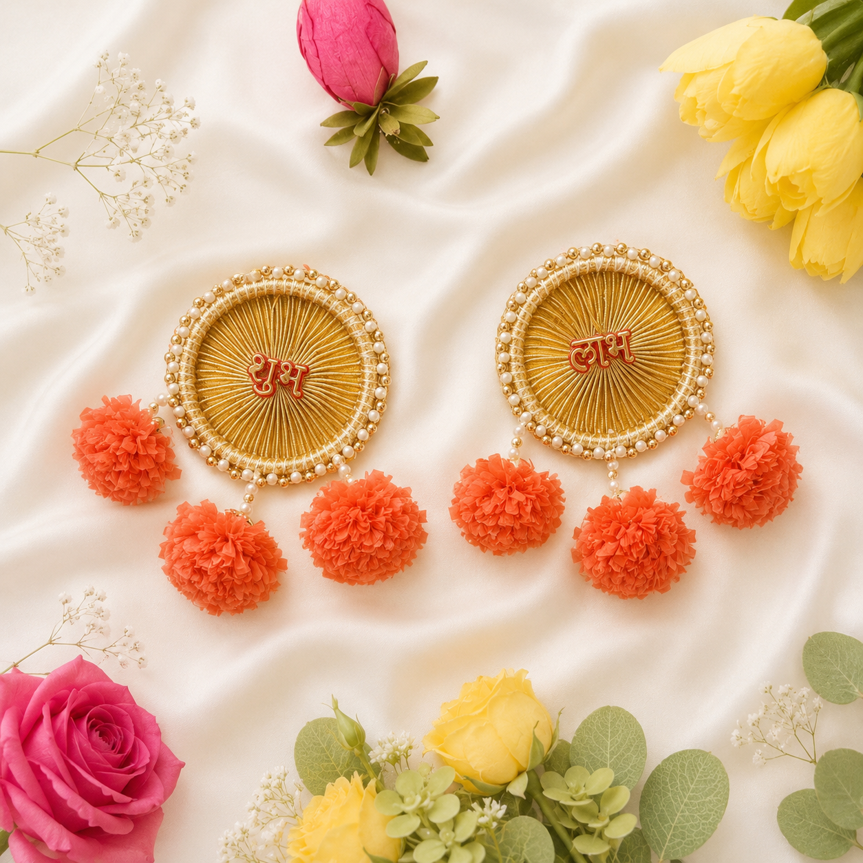 Divya Shubh Labh Hanging with golden handcrafted design, pearl embellishments, and decorative tassels for festive home décor.