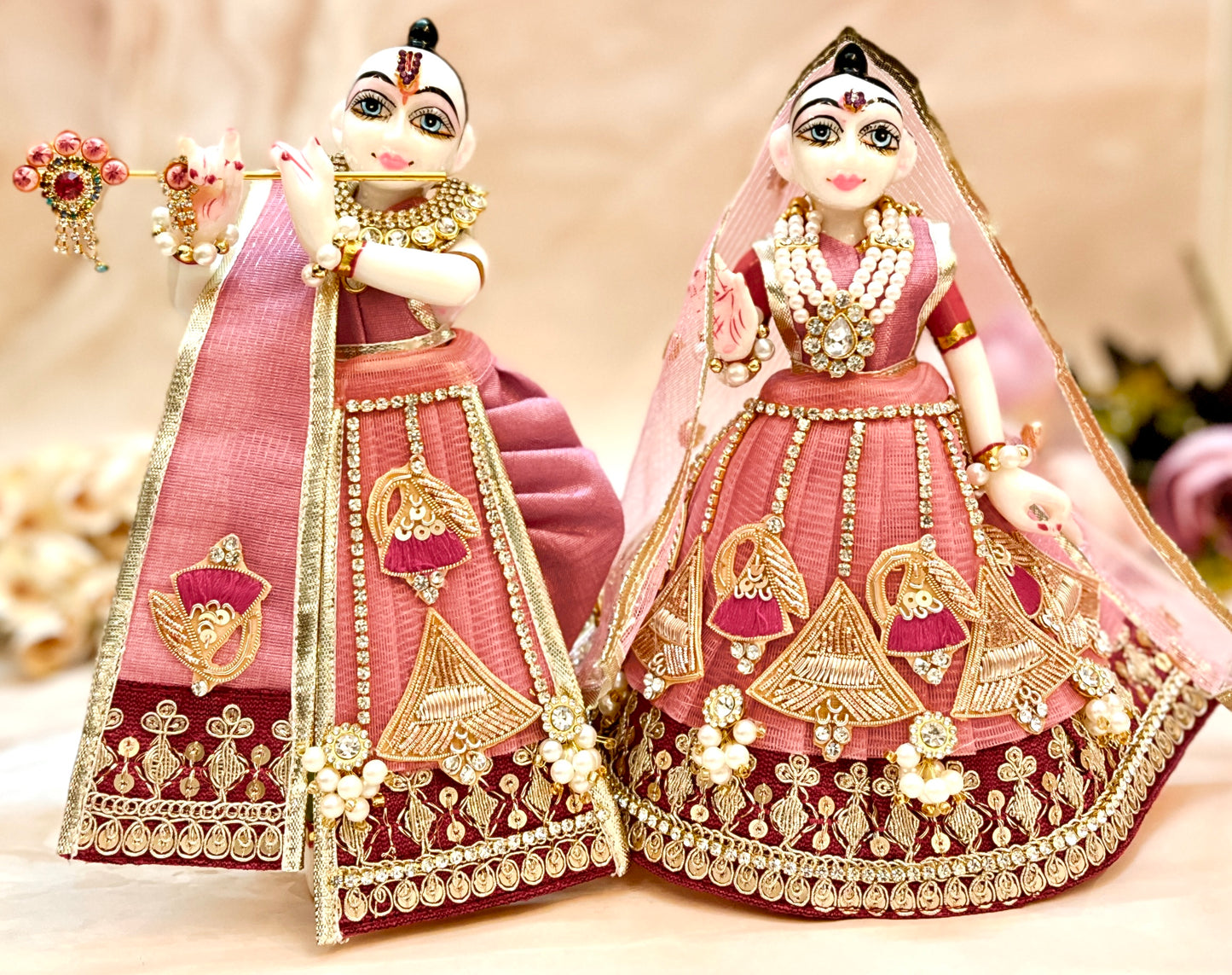 RK / Yugal Sarkar/ Laxmi ji & Ganesh ji Set Peach-Pink Divine Bells Lehenga & Dhoti - 6 piece set