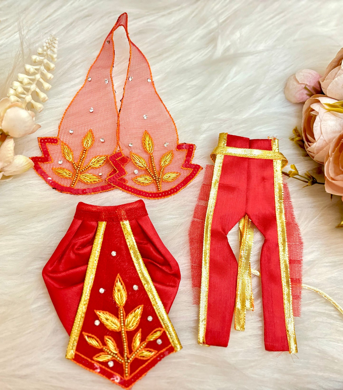 Luxe - RK / Yugal Sarkar/ Laxmi ji & Ganesh ji Set Golden Red Leaf Lehenga & Dhoti - 6 piece set