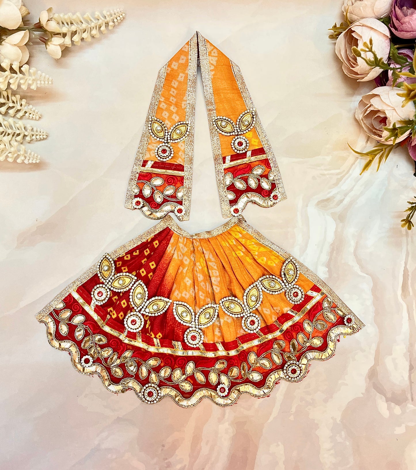 Mata Rani Lehenga & Patka ( 2 piece set) - Multi-Color Red Bandhej