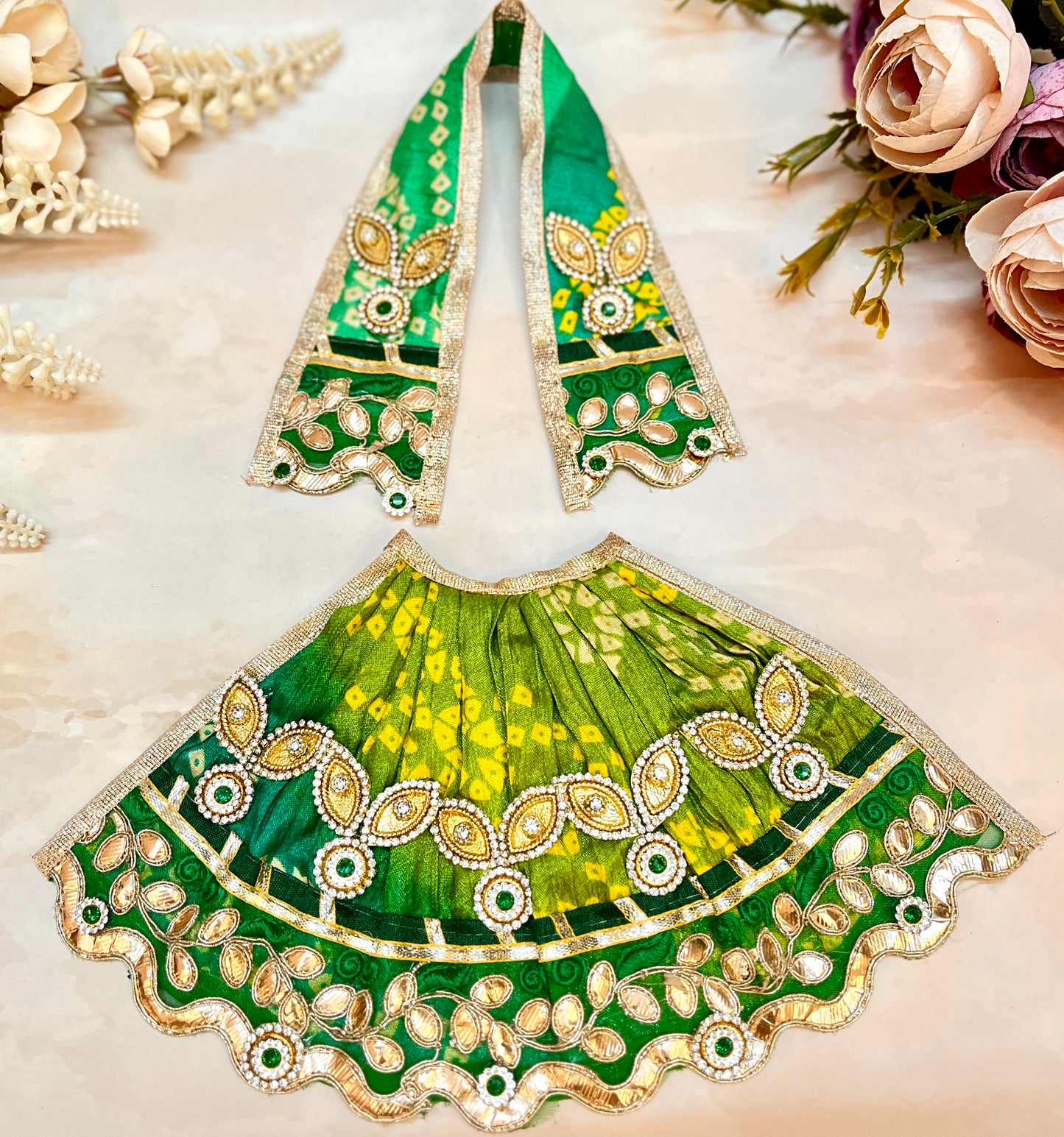 Mata Rani Lehenga & Patka ( 2 piece set) - Green Bandhej