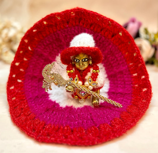 Red & Pink Lotus Woollen Laddu Gopal Dress with Woollen Cap