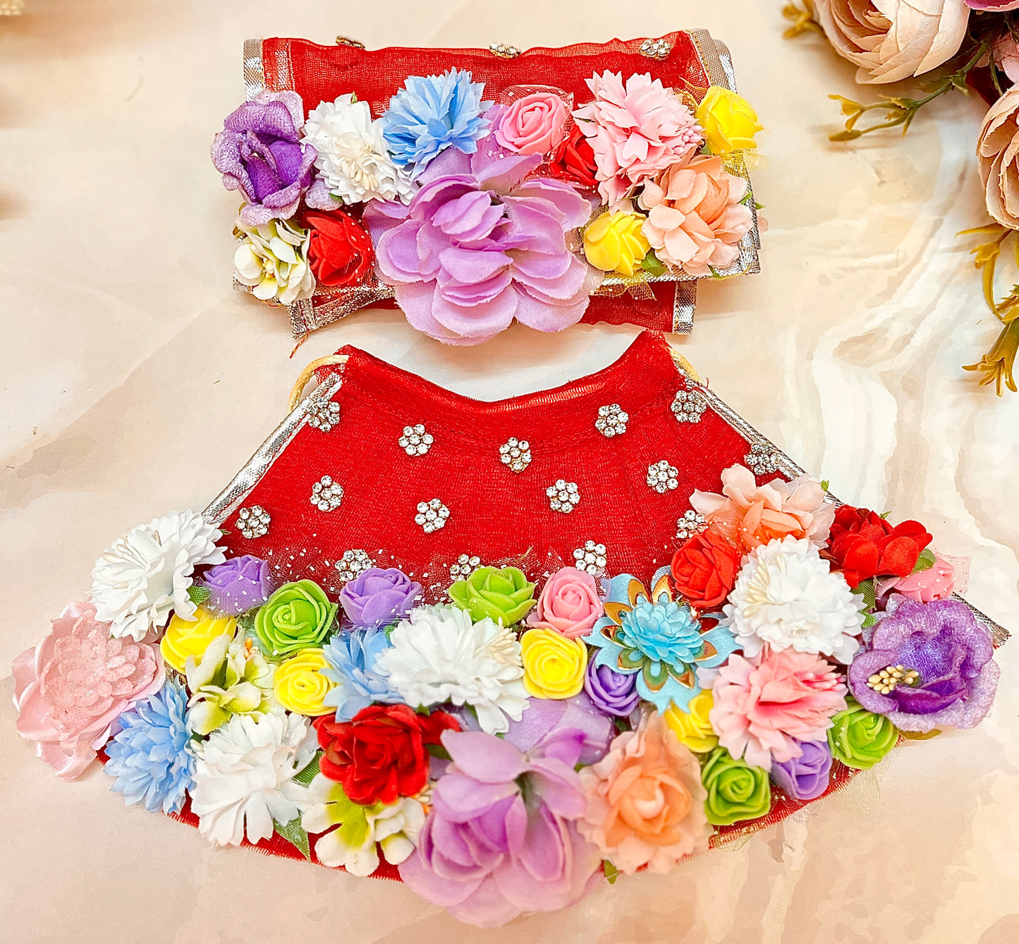 Mata Rani Red with Multi-Flowers Lehenga, choli & Duppatta- 3 piece set